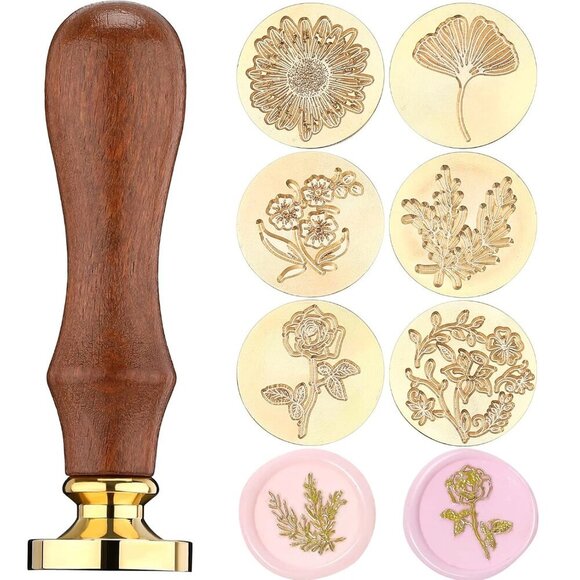 Other - Wax Seal Stamp Gift Box Set 6 Sealing Stamp Heads 1 Wooden Hilt Floral Elegant B